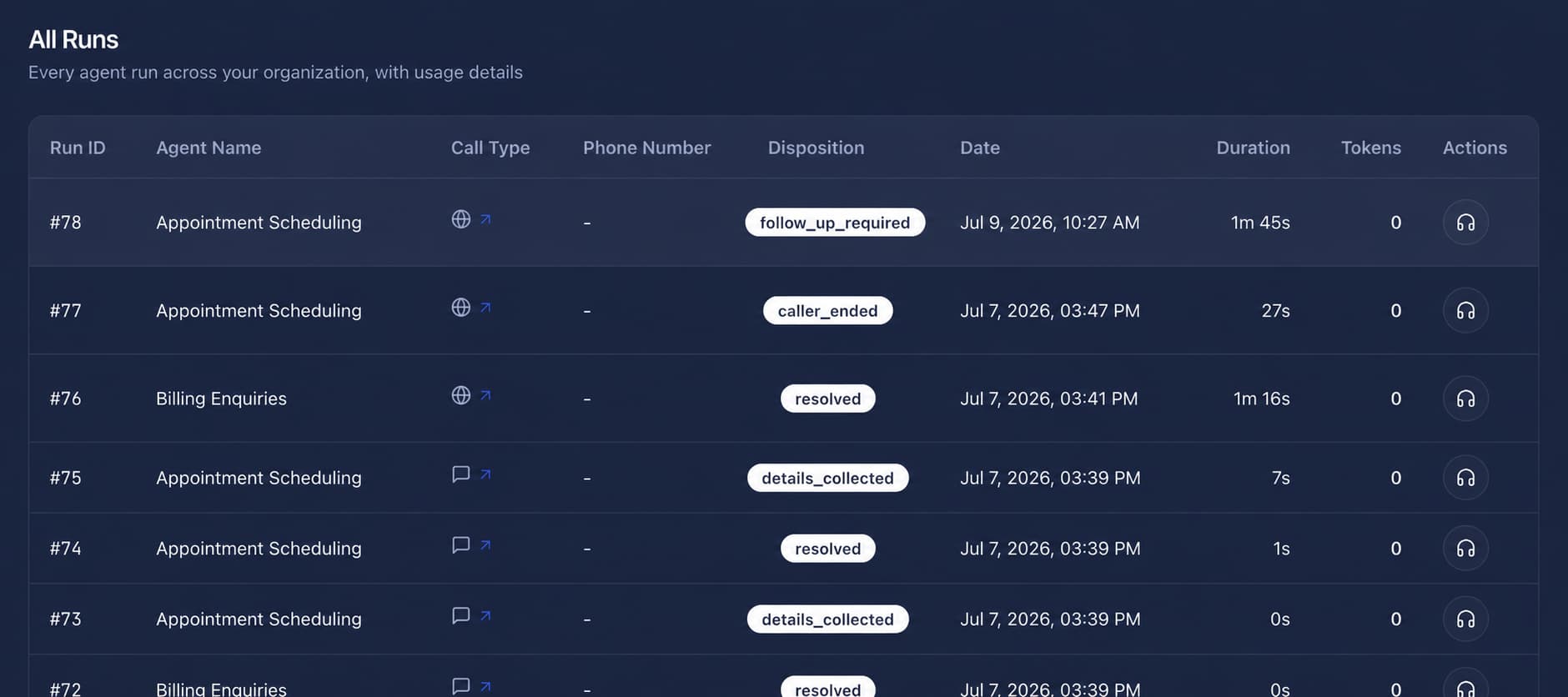 Klatt call history showing outcomes and follow-up status