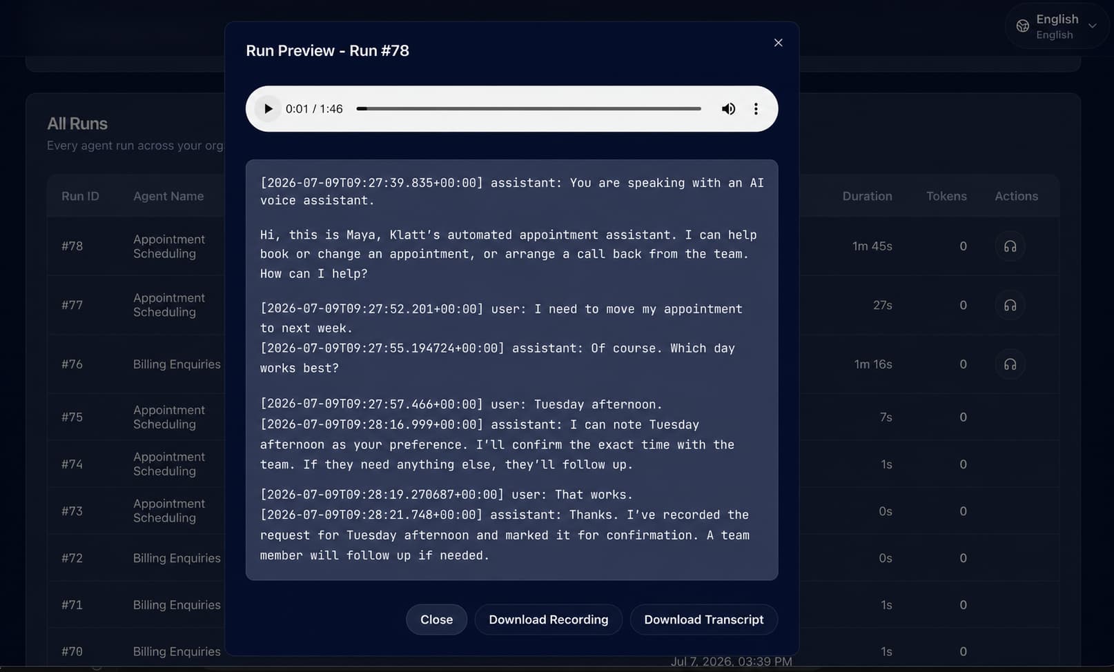 Klatt run preview with an appointment rescheduling transcript
